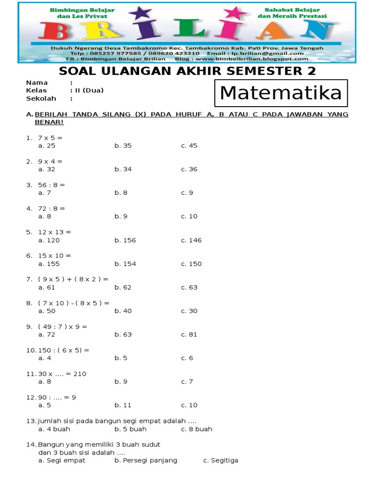contoh soal matematika kelas 2