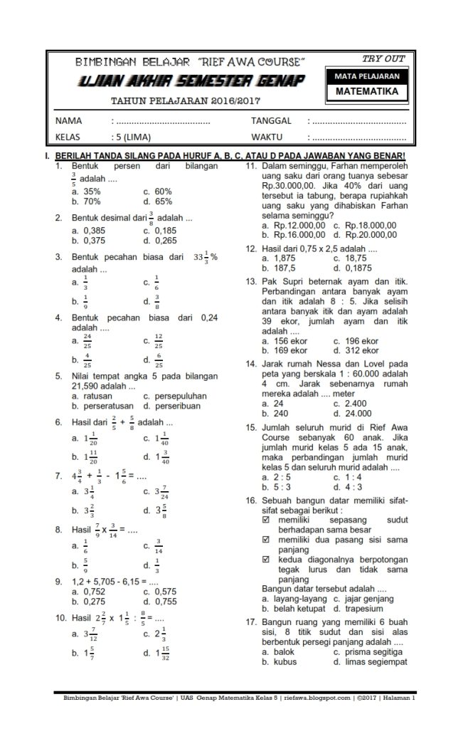 soal ukk sd kelas 5 semester 2
