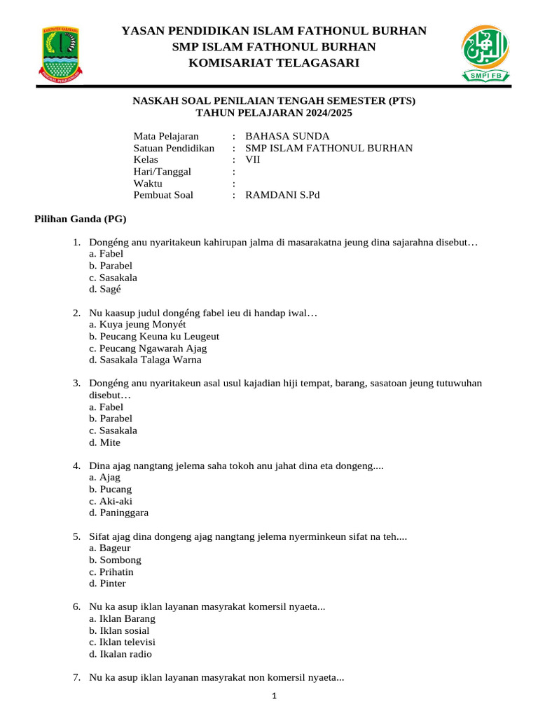 Soal PTS Bahasa Sunda Kelas VII PDF