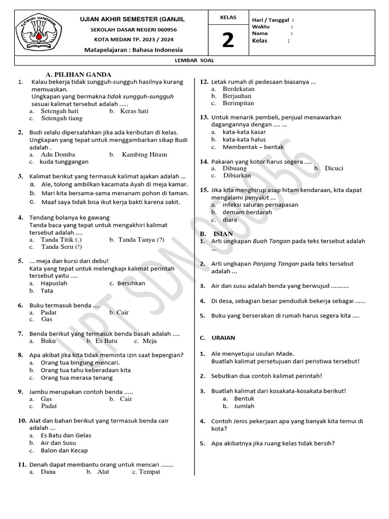 5 Lembar Kerja Soal UAS Bahasa Indonesia Kelas 2 SD Semester 2 Siap Cetak yang Wajib Dimiliki Guru 5 Lembar Kerja Soal UAS Bahasa Indonesia Kelas 2 SD Semester 2 Siap Cetak yang Wajib Dimiliki Guru