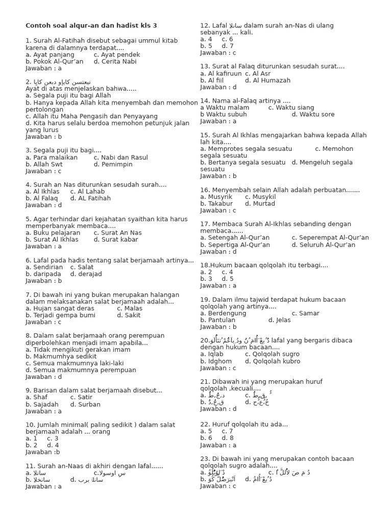 Soal Al-Qur an dan Hadist Kelas 3 PDF Soal Al-Qur an dan Hadist Kelas 3 PDF