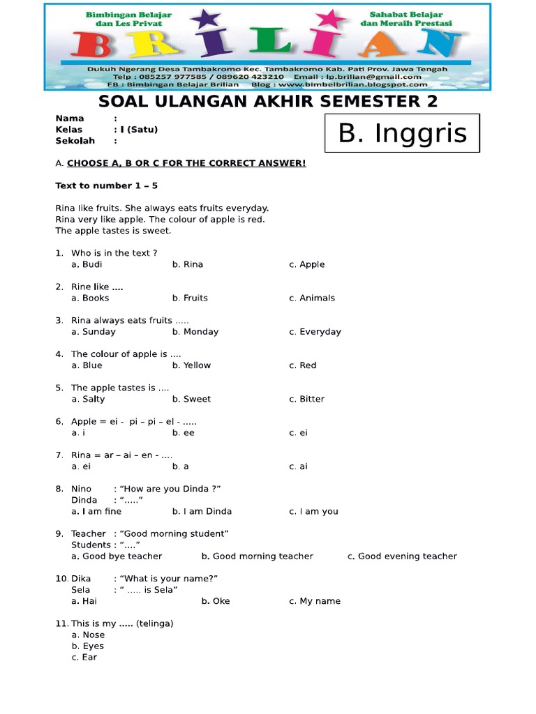 5 Soal Ulangan Bahasa Inggris Kelas 1 Semester 1 Wajib Dikuasai, Ternyata Ini Rahasianya