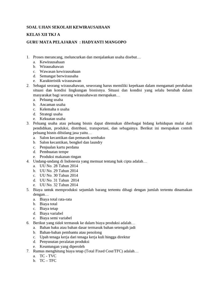 Soal Ujian Kewirausahaan Kelas XII TKJ PDF Soal Ujian Kewirausahaan Kelas XII TKJ PDF