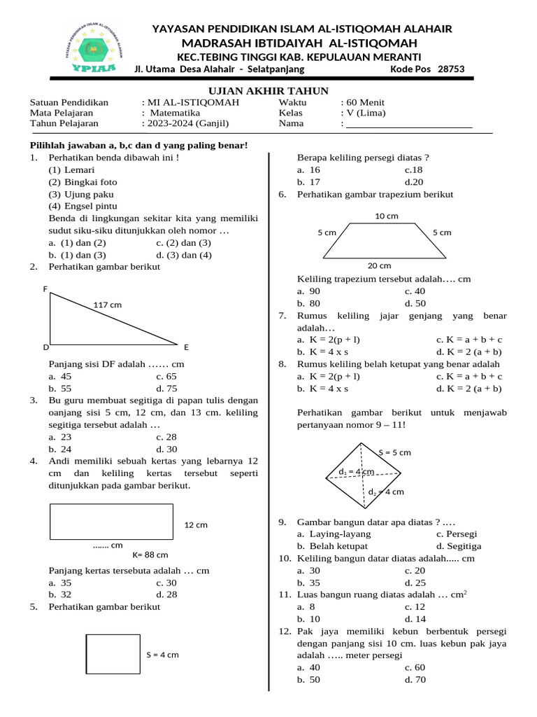 Ujian Matematika Kelas V MI Al-Istiqomah PDF Ujian Matematika Kelas V MI Al-Istiqomah PDF