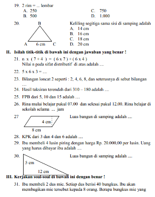 Kumpulan Soal Pelajaran Matematika Kelas 2 SD MI Semester 1 Dan 2