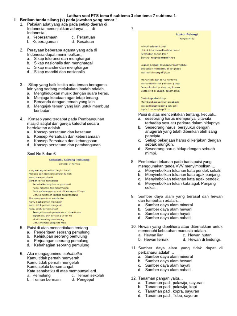 Latihan Soal PTS Tema 6 dan 7 PDF Latihan Soal PTS Tema 6 dan 7 PDF