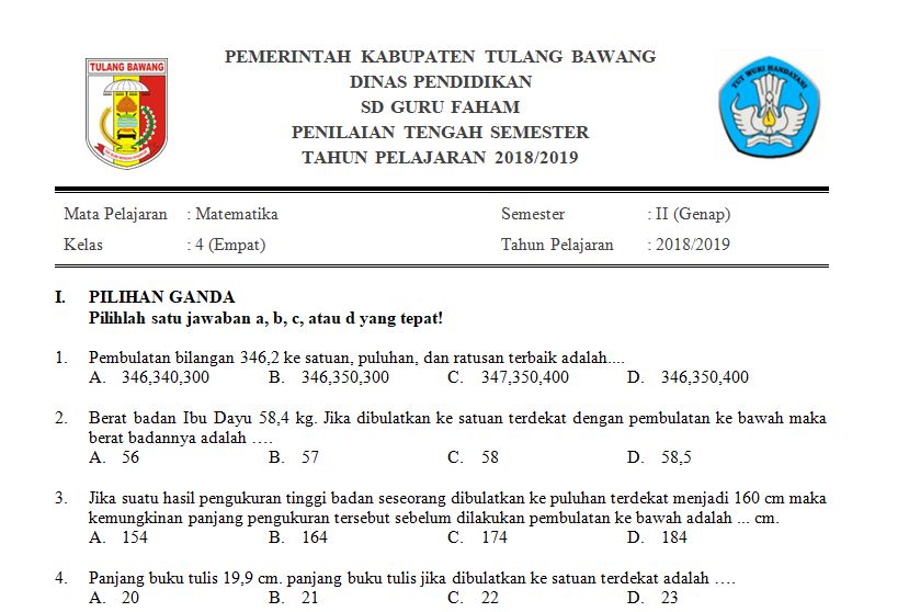 Download Soal PTS Matematika Kelas 4 Semester 2 Kurikulum 2013 Ternyata Semudah Ini, Wajib Coba Sekarang
