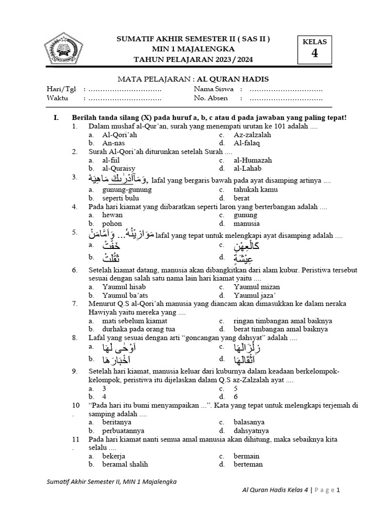 download soal pts al quran hadits kelas 4