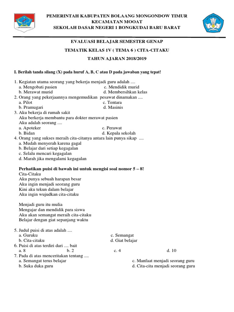 Wajib Tahu Kumpulan Soal PAT Semester 2 Tema 6 Kelas 4 K13 Paling Update Tahun Ini